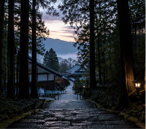 夜明け前の永平寺、参道の石畳と杉木立